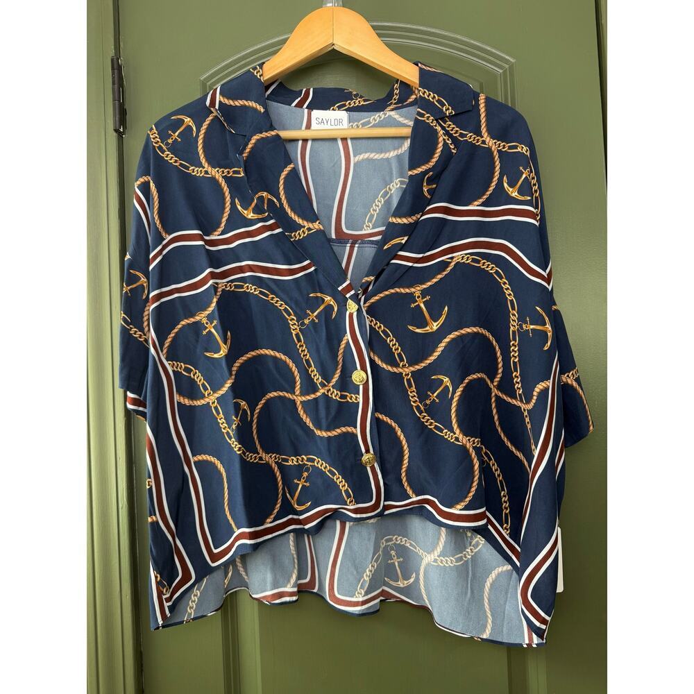 NWT Saylor Walton Nautical Status Print Top Resort Coastal Beach Deep Navy Small